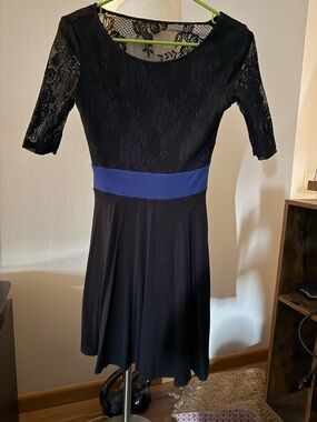 Guess Black Lace Midi Dress with Blue Waistband